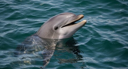 Happy Dolphin Smiling in Ocean Waves - A playful dolphin smiles, symbolizing joy, freedom, intelligence, marine life, and ocean beauty