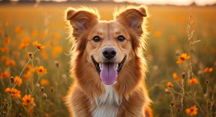 Happy Golden Dog in Flower Field - A cheerful golden retriever dog sits in a field of orange flowers, bathed in warm sunset light. Smiling, tongue out
