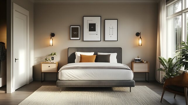 Modern bedroom design.  Warm, neutral tones.  Minimalist style.  Comfortable, inviting space