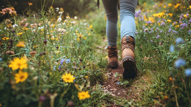 Hiking boots on trail, wildflowers, summer, nature, travel blog