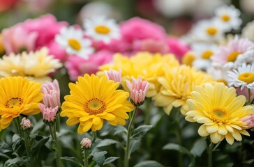 Vibrant Display of Colorful Flowers in Bloom with Yellow Daisies and Pink Buds in a Beautiful Floral Garden Scene