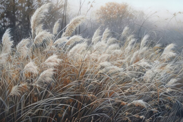 autumn or early winter mood with the image of dense thickets of wild reeds or grass covered with light frost.  