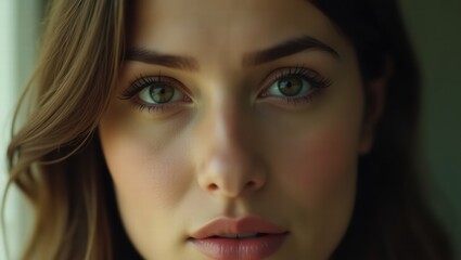 Fototapeta premium Captivating close-up portrait of a young woman with striking green eyes and subtle makeup