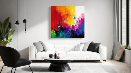 Abstract painting featuring vibrant multicolor brushstrokes on a canvas. Ideal for modern art enthusiasts and adding color to interior spaces.