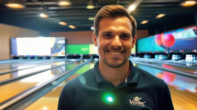 Smiling Caucasian Man Holding Bowling Ball in Modern Bowling Alley. Concept of Leisure Sports, Fun Activities, Recreation, Indoor Entertainment