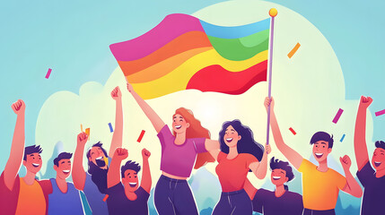 Fototapeta premium Diverse Crowd Celebrating and Supporting Lesbian Couple Under Rainbow Flag