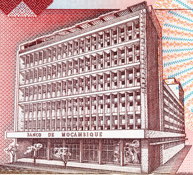 Mozambique 50000 Meticais 2003 banknote with the image of the Banco de Mocambique building in Maputo. Mozambican money