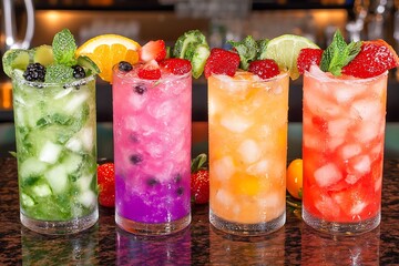 Vibrant array of refreshing cocktails garnished with fruits and herbs