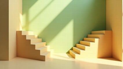 Modern minimalist interior with symmetrical stairs and sunlit pastel walls