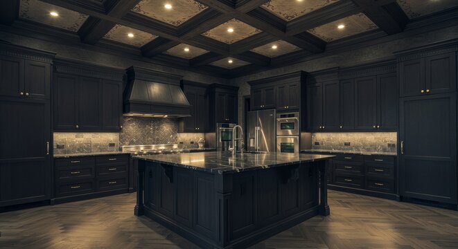 Luxurious Dark Wood Kitchen Design - Elegant dark wood kitchen with granite countertops, stainless steel appliances, and a coffered ceiling. Modern luxury design