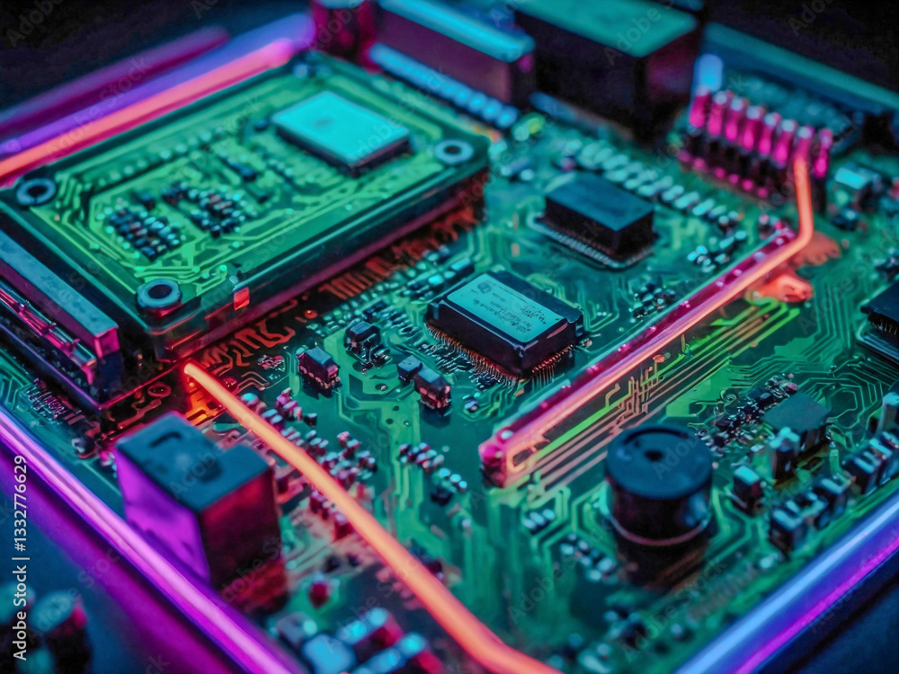 Poster circuit board illuminated with glowing neon lights for a tech-focused design