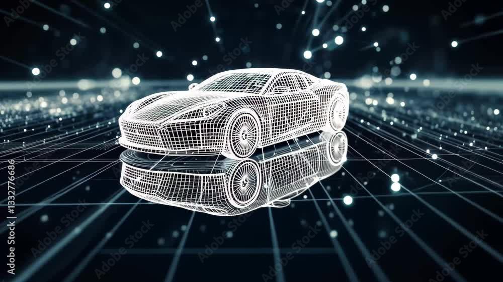Poster Rotating holographic wireframe car model with glowing particles in a futuristic setting, Holographic of 3D wireframe car model rotating in black virtual space