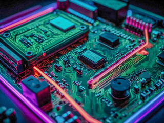Circuit board illuminated with glowing neon lights for a tech-focused design