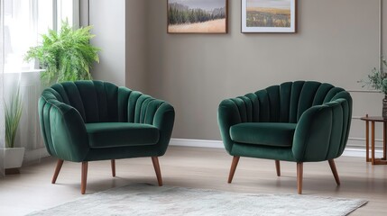 Pair of green velvet armchairs with wooden legs in a modern living room setting, complemented by neutral walls, greenery, and minimalist furniture.