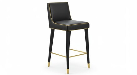 Fototapeta premium Modern Black Leather Bar Stool with Gold Accents - Sleek black leather bar stool featuring a stylish gold trim and tapered legs. Perfect for contemporary kitchens or bars