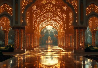Fototapeta premium Intricately Designed Hall with Glowing Archways and Polished Floor Creating Majestic Atmosphere