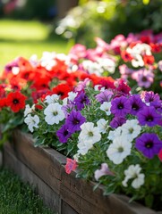 Vibrant Display of Petunias in Various Colors Blooming in a Wooden Planter Under Bright Sunlight in a Garden Setting