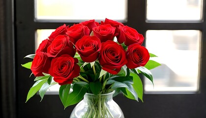 a vase of red roses on a windowsill.