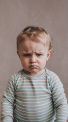 Naklejka premium Portrait of a toddler with blond hair wearing a light blue striped shirt, showing a serious expression, conveying feelings of discontent or frustration