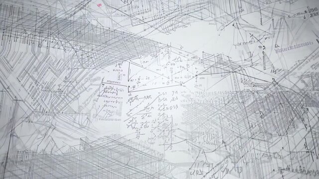 Abstract whiteboard with complex mathematical formulas and geometric sketches. concept of mathematics, scientific research, analytical thinking, problem solving. Background