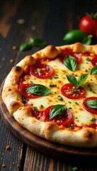 Thin crust margarita pizza, vibrant cheese, simple toppings , pizza, cooking