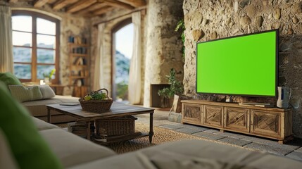 Rustic Living Room with Green Screen TV