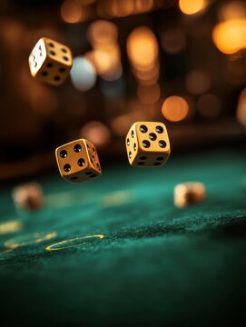 Golden dice roll across a velvet green casino table under glowing lights, capturing the thrill of high-stakes gaming Generative AI