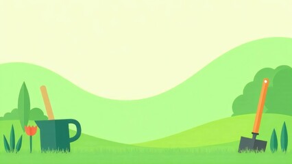 Colorful gardening tools and plants set on a soft gradient green background