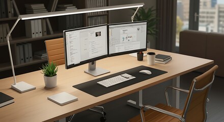 Setting Up Workstation Dual Monitor Office Desk with Ergonomic Lighting