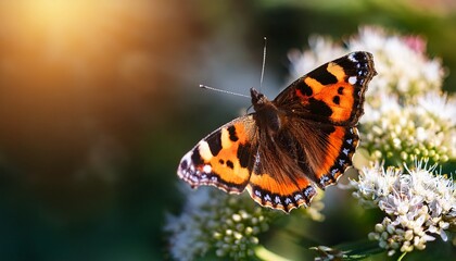 Obraz premium Tortoiseshell butterfly on flowering garden plant in summer (Aglais urticae, Nymphalis urticae)