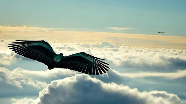 Extreme closeup of a pterosaur soaring high above fluffy clouds during bright daylight, An extreme close-up of a Pterosaur flying high above the clouds