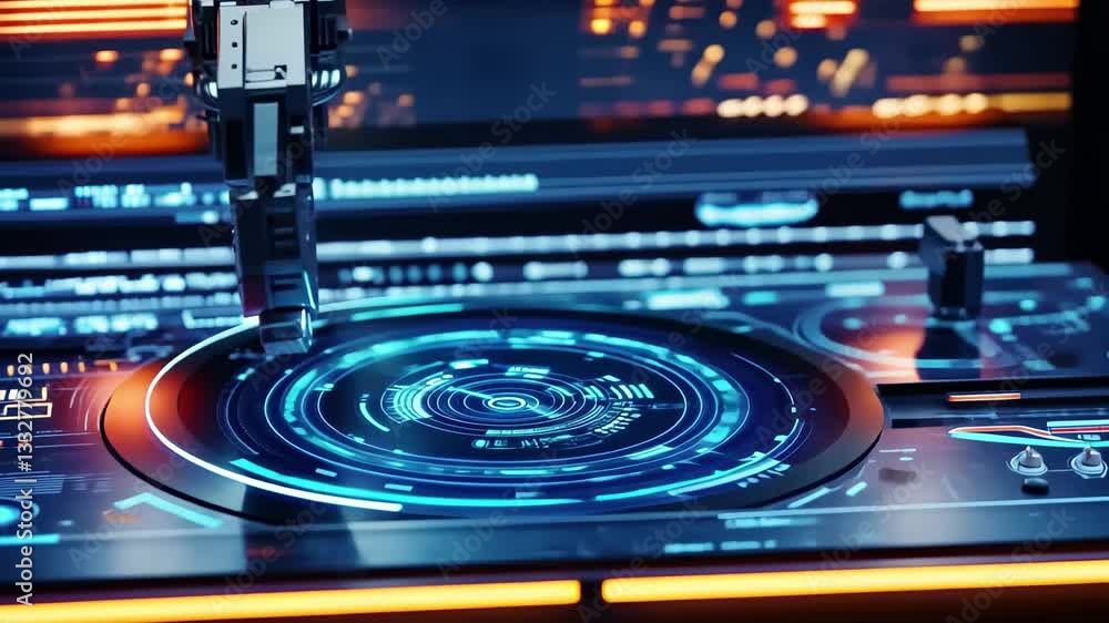 Poster robotic arm demonstrates precision manipulation on holographic interface in futuristic lab setting, 