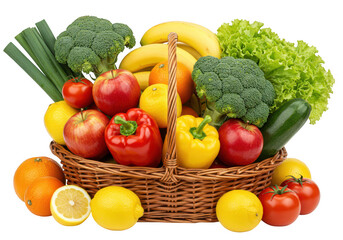 A woven wicker basket filled with an assortment of fresh fruits and vegetables isolated on transparent background