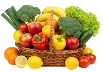 A woven wicker basket filled with an assortment of fresh fruits and vegetables isolated on transparent background