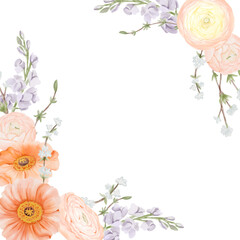 Spring square Frame, Border. Corner bouquets from Ranunculus and Iceland Poppies Flowers, Freesia and Snow Willow Branches. Watercolor hand painted botanical illustration isolated on a white
