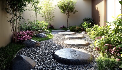 A beautiful zen garden with stepping stones and natural elements