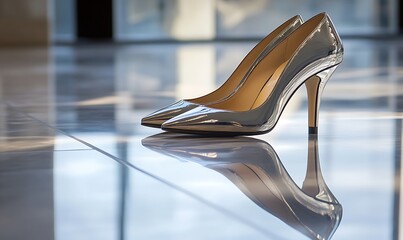 Shiny silver high heel shoes reflecting on a glossy surface