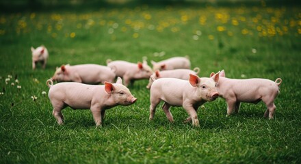 Obraz premium Piglets Playing in Green Pasture - Adorable piglets frolic in a lush green field, enjoying the sunny day. Perfect for agricultural, farming, or livestock themes