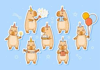 Set of cute сartoon capybaras stickers on blue background - funny animals for Your Birthday greeting card design
