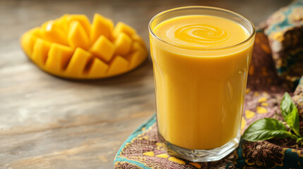 Fresh Mango Lassi in a Glass with Mango Cubes on Wooden Background  