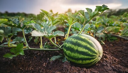 Watermelon plant growing in organic vegetable garden, ripening watermelon- 37118