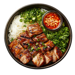 A Bowl of Vietnamese Bun Cha Grilled Pork with Chicken Noodles and Sauce Isolated on Transparent Background
