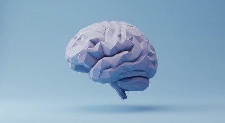 Polygonal Brain: Abstract Intelligence - A low-poly 3D model of a human brain, symbolizing intellect, knowledge, creativity, problem-solving, and innovation. Light blue background