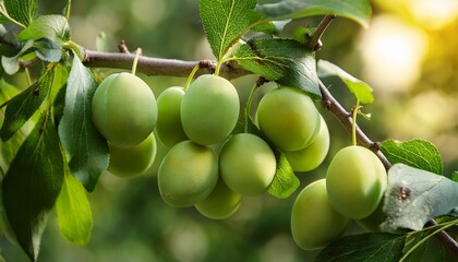 Green plums growing on plum tree brunch in the garden- 29309