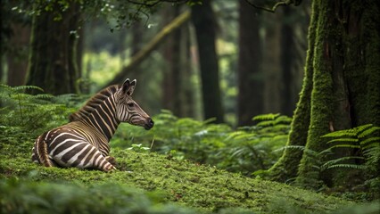 Zebra Resting in Lush Forest