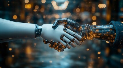 Robot and human shaking hands, embracing technological advancement