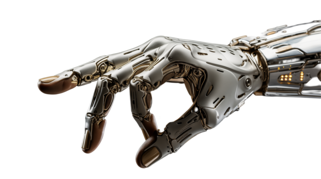 Silver-Gold Robotic Hand Advanced 3D Design, Futuristic Mechanical Arm for Innovation.