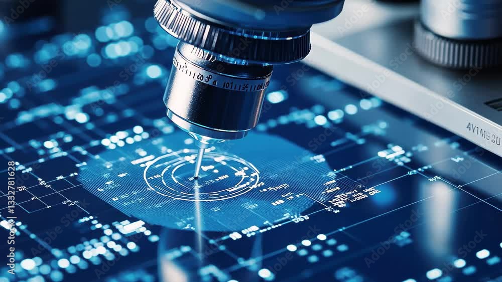 Poster digital data processing and scope scanning in blue light during advanced technological examination, 