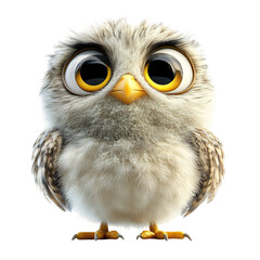 Fluffy 3D Cartoon Owl Chick with Fuzzy Feathers Isolated on Transparent Background