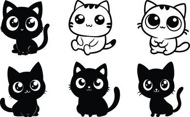 Cute Cartoon Cat Silhouettes Set for Design.A collection of four adorable cartoon cat silhouettes in black and white.